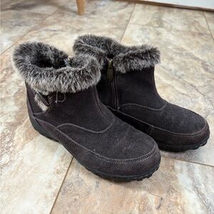 Brown Leather Suede Faux Fur Lined Winter Ankle Boots
